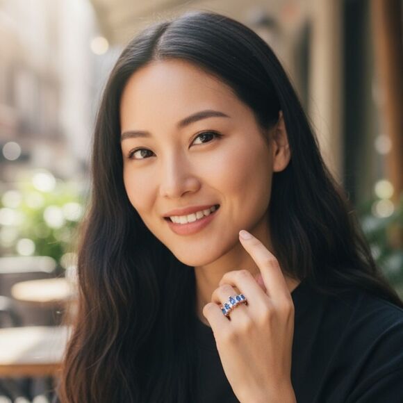 WOMEN’S BLUE MARQUISE GEMSTONE RING – SILVER BAND WITH CLEAR ACCENTS, SIZE 7.5 - Picture 17 of 17